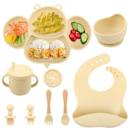 Coffret Repas Bebe,8 Pièces,Assiette Bébé, Assiette Ventouse pour Bébé Assiette Enfant avec Ventouse, Gobelet en Silicone, Cuill