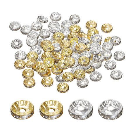 MAXQUU Lot de 200 perles d'espacement, perles en métal strass de 8 mm, perles de cristal, perles de verre à enfiler, perles d'es