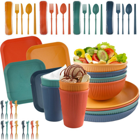 Hyacinthy Vaisselle Camping 4 Personnes, 48 Pièces Assiette Plastique, Ensemble Vaisselle de Table avec Bol Assiette Cuillère, R