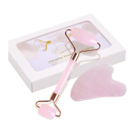 Lamkrtlp Rouleau de Quartz Rose et Gua Sha, Guasha Pour Visage, Rouleaux de Massage pour le Visage, Roller Visage pour la Peau