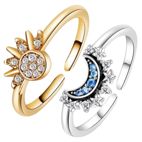 2 Pièces Bague Lune Soleil Kit, Bague Femme Réglable, Bague Anti Stress, Anneaux Ouvert Cadeau pour Femmes, Filles