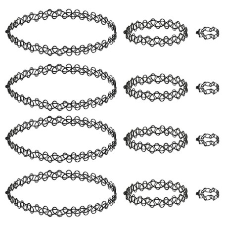 luoshaPUCY Choker Chaîne Ensemble, 12 pièces collier élastique tour cou extensible Collier Bracelet Anneau pour femme - Noir