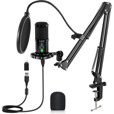 Aveek Microphone Condensateur USB avec Bras – Micro en Métal, Plug & Play, Réduction de Bruit, pour Enregistrement Studio, Podca