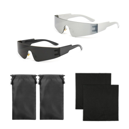 TAFACE Lot de 2 Paires de Lunettes de Soleil Futuristes - Style Punk, Réfléchissantes, Sans Monture - Argentées et Noires - Avec