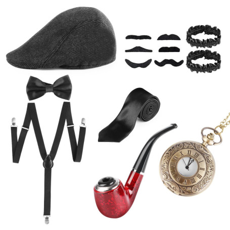 VFANDV Accessoire Annee 20 Homme, 14pcs Années 1920 Hommes Accessoires Gatsby Costume Gangster Deguisement, Années 1920 Hommes D