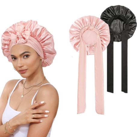 Frogetu Lot de 2 Bonnet Soie Cheveux Nuit,Bonnet de Nuit en Soie,Élastique Bonnet Satin,Bonnet en,Bonnet de Nuit en Satin pour L