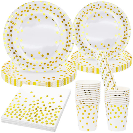 80 Pièces Blanc et Or Vaisselle de Fête, Vaisselle Jetable Decoration 20 Invités Assiettes en Papier, Serviettes, Paille, Tasses