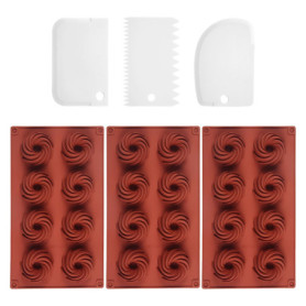 Lot de 3 moules à 8 spirales, 3 grattoirs, moule à chocolat en silicone, moule à biscuits, moule à glaçons, mini moule à gâteau