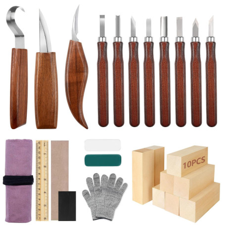 YUTUY Outil de Ciseaux à Bois Kit,29Pièces DIY Outils de Sculpture,Couteau Sculpture Bois,Kit Sculpture Bois,Avec gants anti-cou