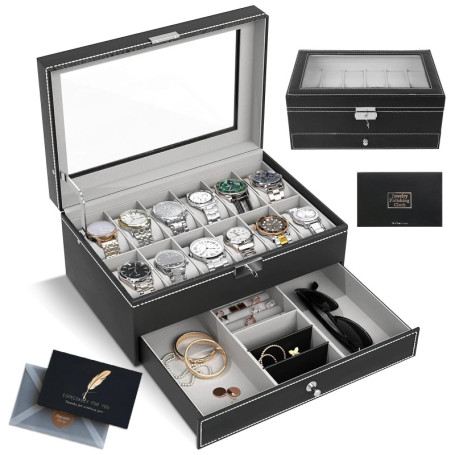 SAMISO Boîte à montres à 2 couches,Coffret à Montres avec couvercle en verre,Rangement pour Montres en Cuir,12 compartiments et 
