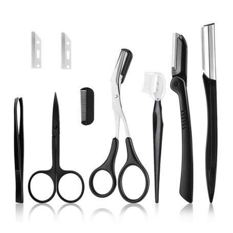 Kit de Sourcils, Ciseaux à Sourcils 9 Pièces Ensemble d'outils de Coupe de Sourcils, Avec Pince à Epiler, Tondeuse à Sourcils, C