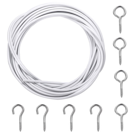 3M Cable pour Rideaux,Blanc Cable Rideau,avec 4 Pièces Boulons à Oeil et 4 Pièces Crochets à Visser, Fil de Rideau,pour Une Util