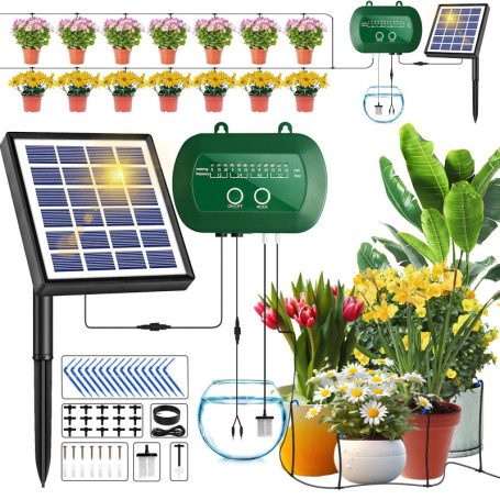 Onherm Kit Arrosage Automatique Goutte à Goutte Solaire, Système d'irrigation Automatique Solaire Avec 12 Modes et Tuyau de 15M 