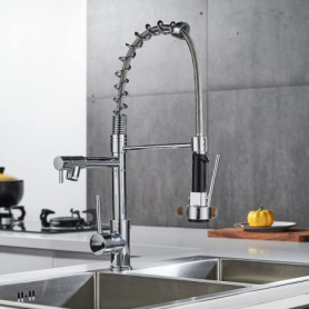Robinet Cuisine avec 2 Jets,Robinetterie à Ressort Mitigeur Cuisine,Pivotant à 360，STANEW Froid & Chaud Disponible, Laiton chrom