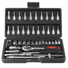 Jeu de 48 douilles : jeu de clés à cliquet avec clé à cliquet 1/4 métrique et tige d'extension, scie à douille Tze Boîte à cliqu