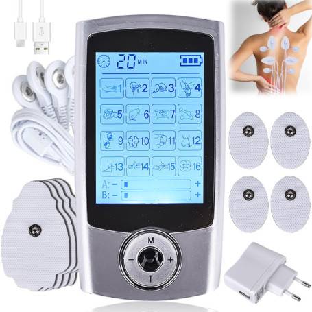 Appareil TENS - 16 modes - Électrodes de stimulation rechargeables contre la douleur - 16 programmes d'entraînement - 20 niveaux