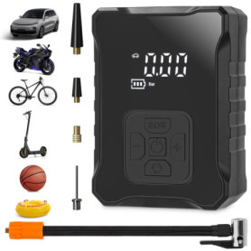 Gonfleur Electrique, Mini compresseur d’air 150PSI Pompe à vélo électrique avec affichage LED numérique Lumière LED Compresseur 