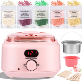 Chauffe cire epilation professionnelle, kit epilation cire 5 paquets de perles d’épilation, 1 bol en silicone et 30 bâtonnets de
