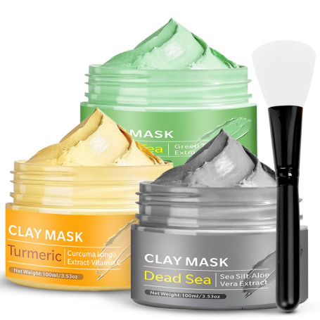 3 Pièces Masque d'Argile, Masque Visage au Curcuma-Masque d'Argile au thé Vert -Masque de Boue aux Minéraux de la Mer Morte, Kit