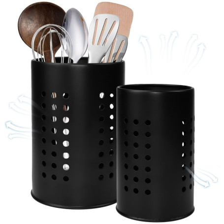 EUIEUT 2 Pcs Porte Ustensiles Cuisine en Acier Inox, Porte Couverts Cuisine Noir, Pot Couvert Vaisselle à Conception Creuse, Ran