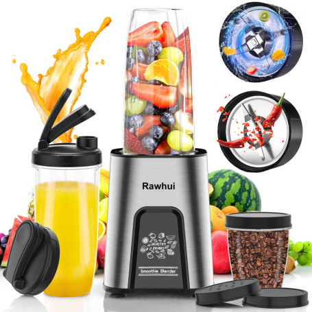 Rawhui Mixeur Électrique 800W pour Smoothies, Mini Blender avec 2 Bouteilles Portables de 600 ml, Sans BPA, 6 Lames en Acier Ino