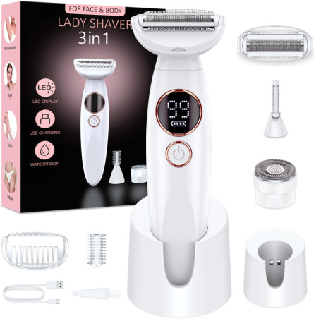 Rasoir Electrique Femme,3-In-1 Tondeuse Femme Intime,Epilateur Visage Femme avec Affichage LED de Batterie,Sec et Humide IPX7,po