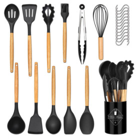 24 Pièces Kit Ustensiles de Cuisine, Set de couverts de cuisine, poignée en bois, résistant à la chaleur, Ensemble de Cuisine sa