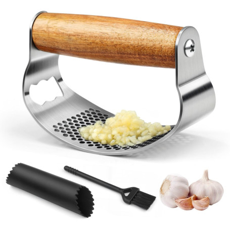 NEUTYPECHIC Ecrase Ail Manche en Bois, Presse Inox Avec Décapsuleur, Presse Ail Inox Professionnel, Garlic Press Convient pour E