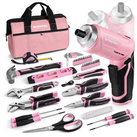 WORKPRO Boîte à Outils Pink Rose 53 Pièces avec Tournevis sans Fil 3,7 V, Caisse à Outils Complete avec Sac Durable, Trousse à O