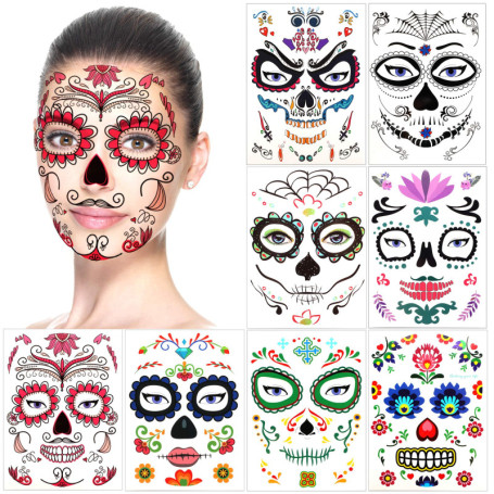 Halloween Tatouages Temporaires pour visage (8 Feuilles), Howaf Crâne mort Floral Squelette Noir Tatouages éphémères Pour homme 