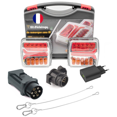 Rebadis Plaque feu remorque sans fil, kit éclairage arrière led wifi, 12/24 Volts, Fixations Magnétique, chargeur 220V