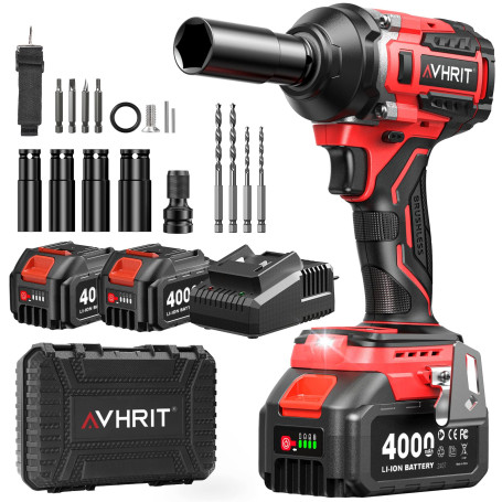 Avhrit Clé à Chocs Sans Fil Brushless avec 2x 4.0 Ah Batteries, 700N.m/Ft-lbs Boulonneuse à Choc Electrique, 21V Visseuse à Choc
