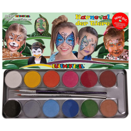 Eulenspiegel 212226 - Palette métallique Carnaval des animaux, 12 couleurs de maquillage aqua professionnel, 2 pinceaux professi