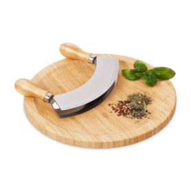 Relaxdays Hachoir Berceuse avec Planche, Bambou & Acier Inoxydable, Double Lame, diamètre de 25 cm, Nature - argenté