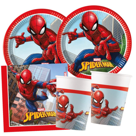 Procos Kit de fête S Spider Man Crime Fighter 52 pièces, 16 assiettes, 16 gobelets, 20 serviettes, vaisselle jetable, décoration