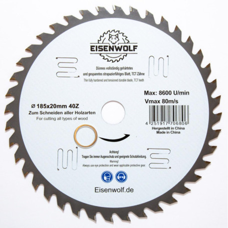 Lame de scie circulaire de qualité supérieure - 185 x 20 mm - Pour bois - Avec 40 dents TCT inclinées et découpes laser pour réd
