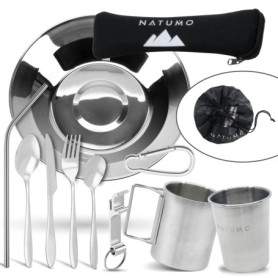 NATUMO ® Vaisselle Camping, Set Complet de Couverts 1 Personne, Assiette, Tasse Isotherme, Paille en INOX Réutilisable, Portable