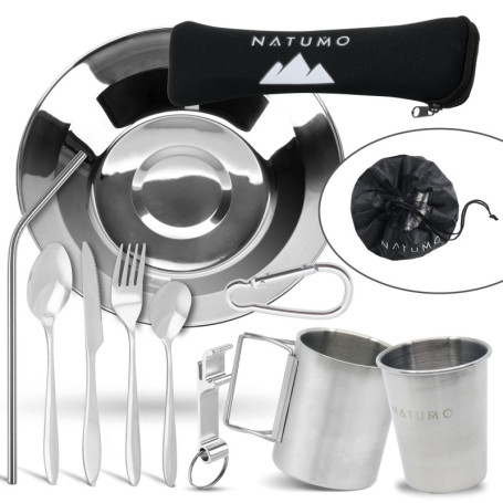 NATUMO ® Vaisselle Camping, Set Complet de Couverts 1 Personne, Assiette, Tasse Isotherme, Paille en INOX Réutilisable, Portable
