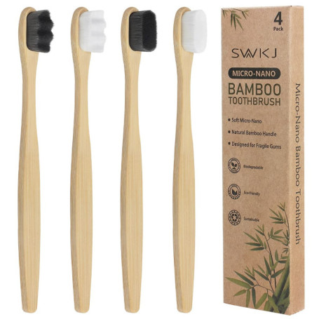 Lot de 4 brosses à dents micro-nano en bambou doux avec 20 000 poils conçus pour les gencives sensibles des enfants et des adult