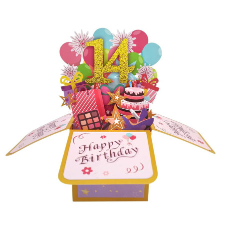 Carte pop-up « Happy 14th Birthday » pour fille, 14 ans, idée de cadeau d'anniversaire pour fille nièce, carte de vœux 3D amusan
