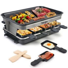 Appareil a Raclette 8 Personne Service a Raclette avec Revêtement Anti-Adhésif Plaque de Cuisson 8 Poêlons Antiadhésifs 4 Spatul