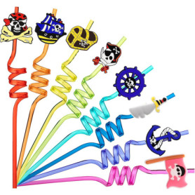 Lot de 16 décorations de fête d'anniversaire pour enfants sur le thème des pirates. Pailles réutilisables avec bague, parfaites 