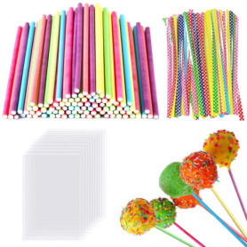 UGBO Batonnet Pop Cake Baton Sucette Pop Cake Sac de Bonbons 100 Batonnet Popcake avec 100 Petit Sachet Bonbon Transparent et 10