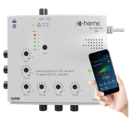 D-Home - Amplificateur TV TNT Intérieur 6 Sorties 23dB Connecté Filtré 4G-5G - Fonctionne avec App Mobile TV Finder pour Trouver