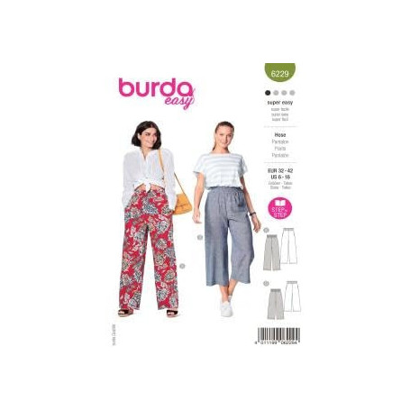 Patron Burda 6229 Pantalon femme et pantacourt à coulisse élastique jambes amples - du 32 au 42