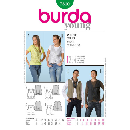 Burda 7810 Patron de couture pour gilet (homme et femme), taille 32-44-44-54