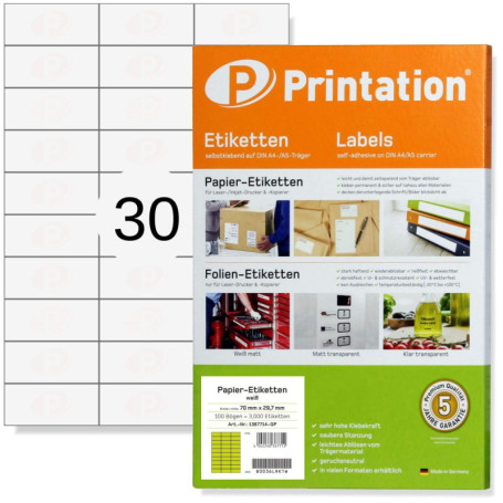 Printation Étiquettes Autocollantes 70 x 29,7 mm - 750 Étiquettes Universelles, 25 Feuilles A4 de 30 Étiquettes Multi-Usage, Pap