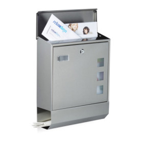 Relaxdays Boîte aux lettres compartiment journaux inox design mural avec nom et fenêtre HxlxP: 42 x 35 x 12,5 cm, argenté