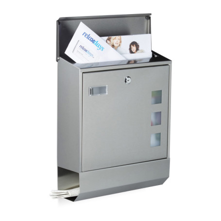 Relaxdays Boîte aux lettres compartiment journaux inox design mural avec nom et fenêtre HxlxP: 42 x 35 x 12,5 cm, argenté