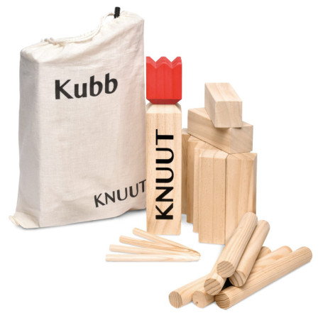 Toyfel Kubb Jeu de Quilles Finlandaises en Bois FSC ® XL et Sac en Tissu Knuut – Robuste Jeu Viking en Bois de Pin Jeu à Lancer 